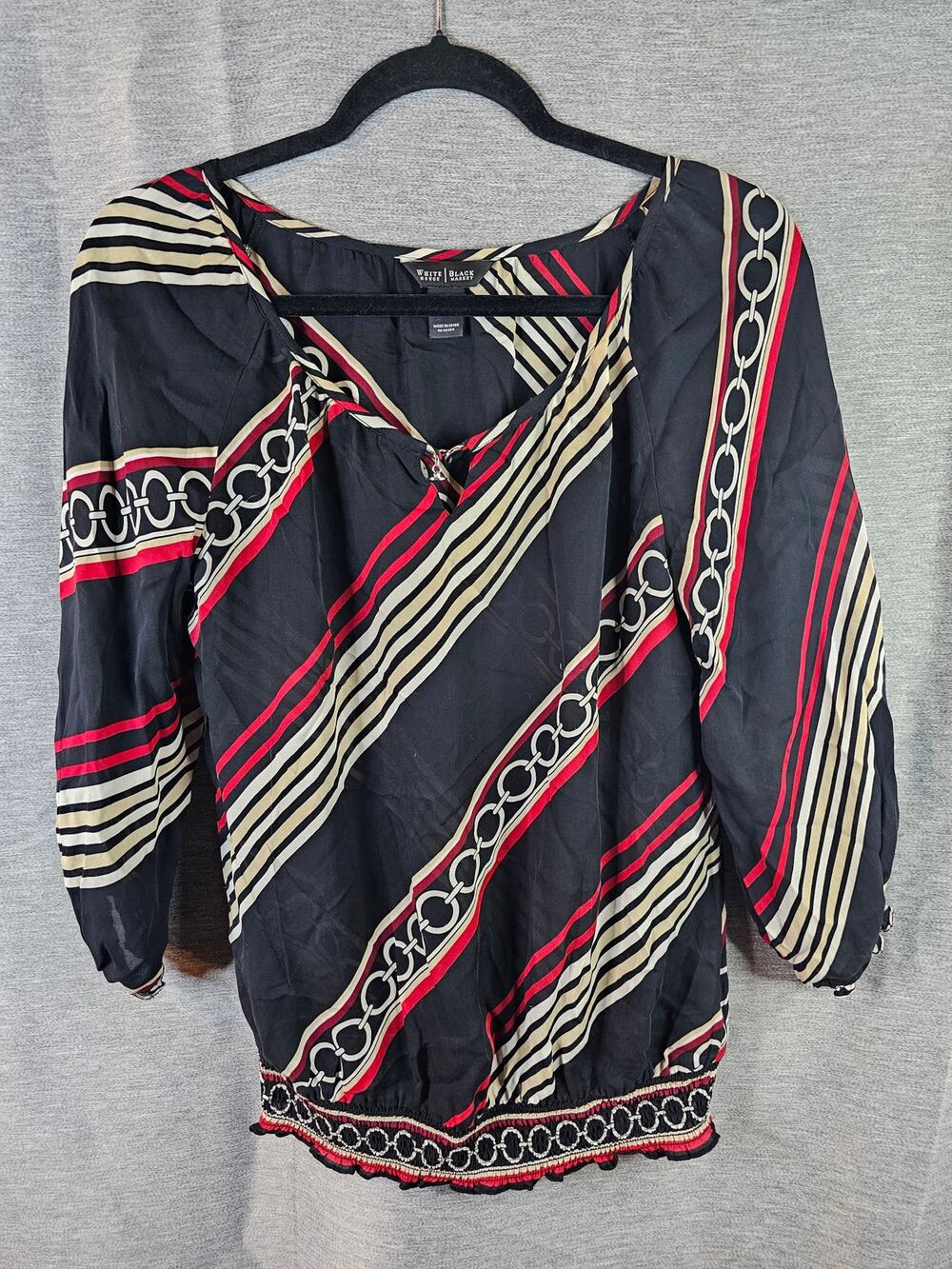 White House Black Market Blouse Silk Shirt S White Black Multicolored Elastic